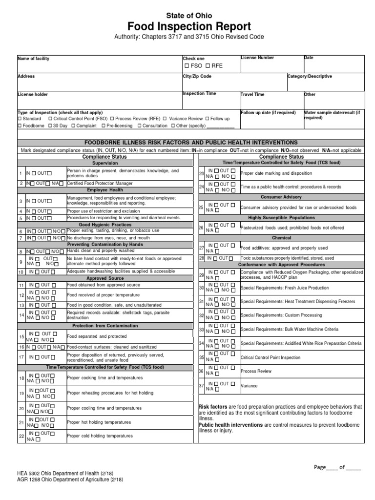 Ohio Food Inspection Report Template | PDF | Dishwasher | Hand Washing