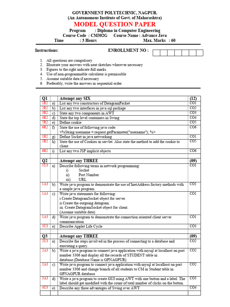 Model Question Paper - AdvanceJava | PDF | Java (Programming Language ...