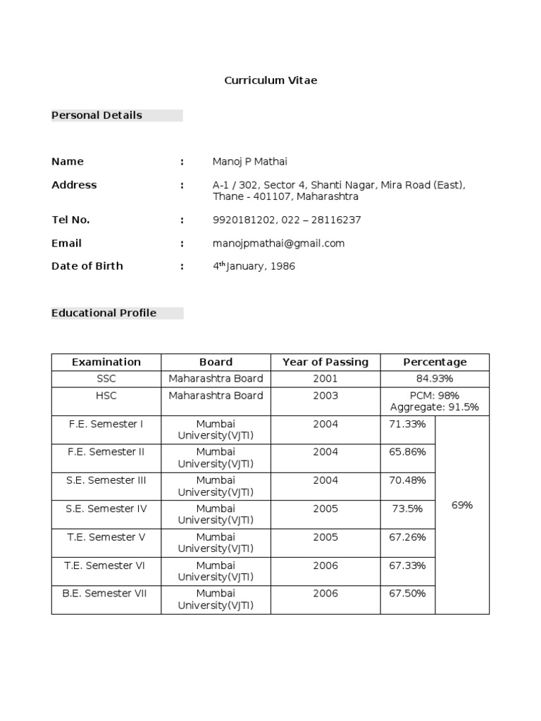 Resume Manoj Mathai Vjti | PDF | Net Beans | Applications & Software