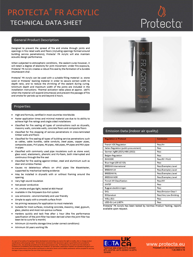 FR Acrylic Technical Data Sheet | PDF | Pipe (Fluid Conveyance) | Concrete