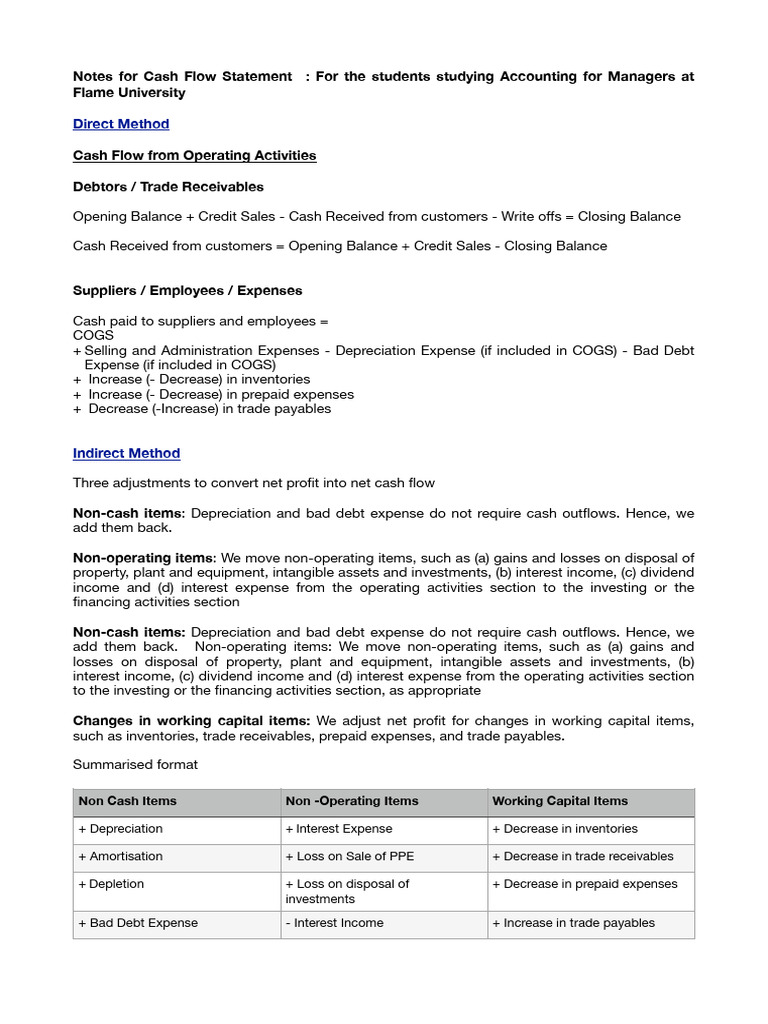 Cash Flow Statement Notes for Managers | PDF | Cash Flow Statement ...