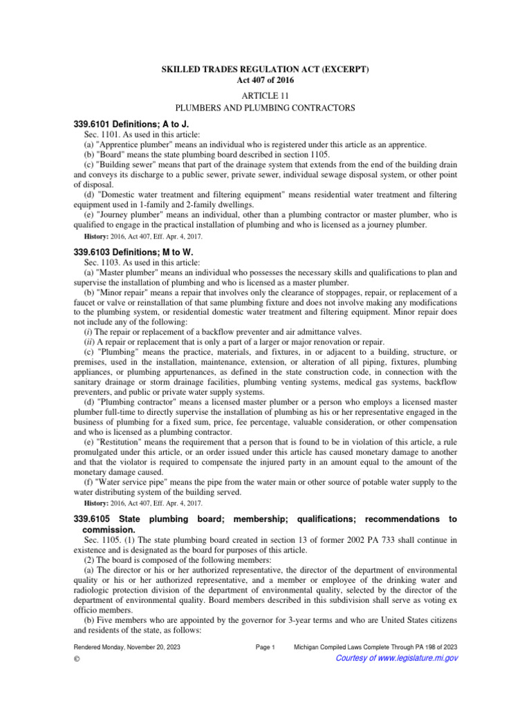 MCL 407 2016 11 | PDF | Plumbing | Licensure