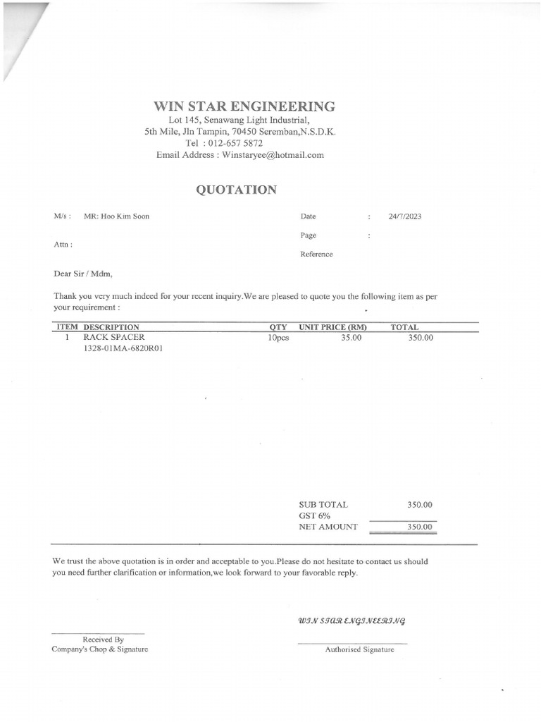 Quotation To Supply Rack Spacer For Sky-Tag Machine | PDF