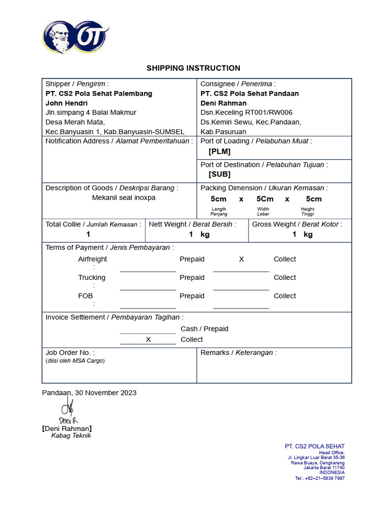 Shipping Instructions for PT. CS2 Palembang | PDF | Freight Transport