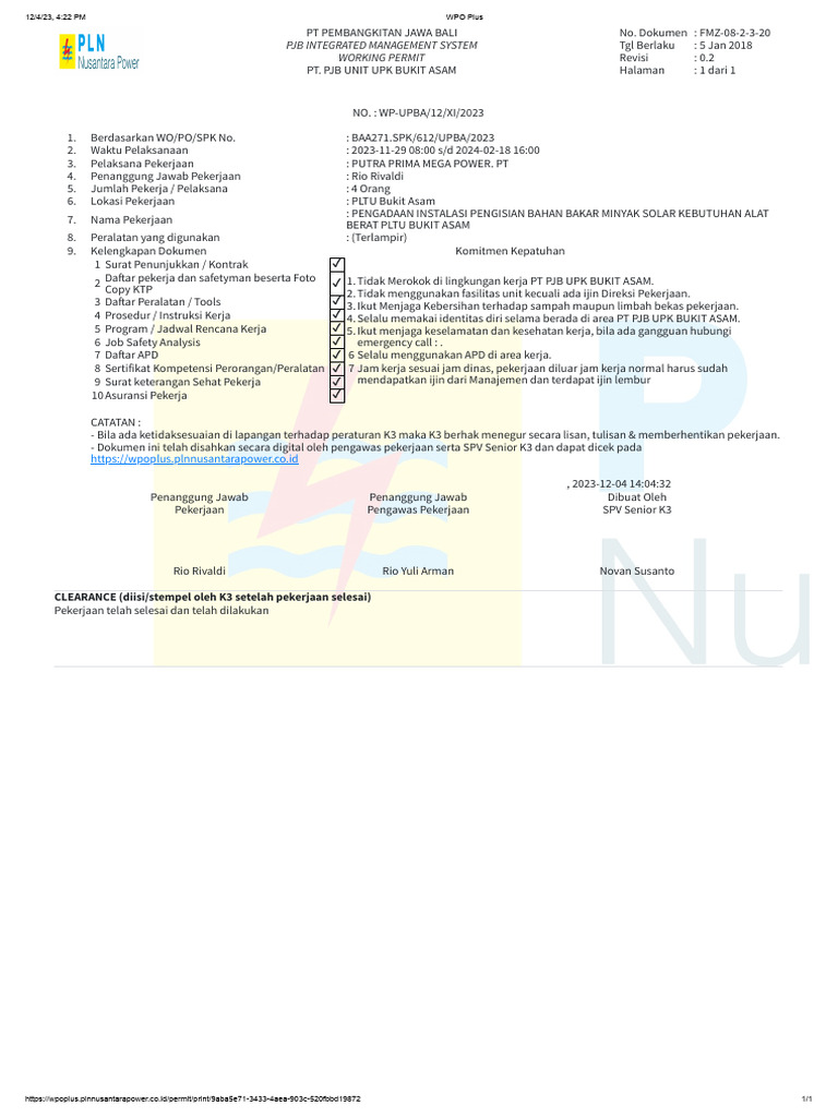 Izin Kerja Instalasi PLTU Bukit Asam | PDF