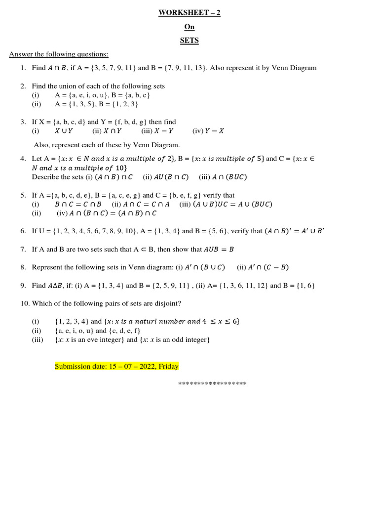 Set Theory Worksheet with Venn Diagrams | PDF