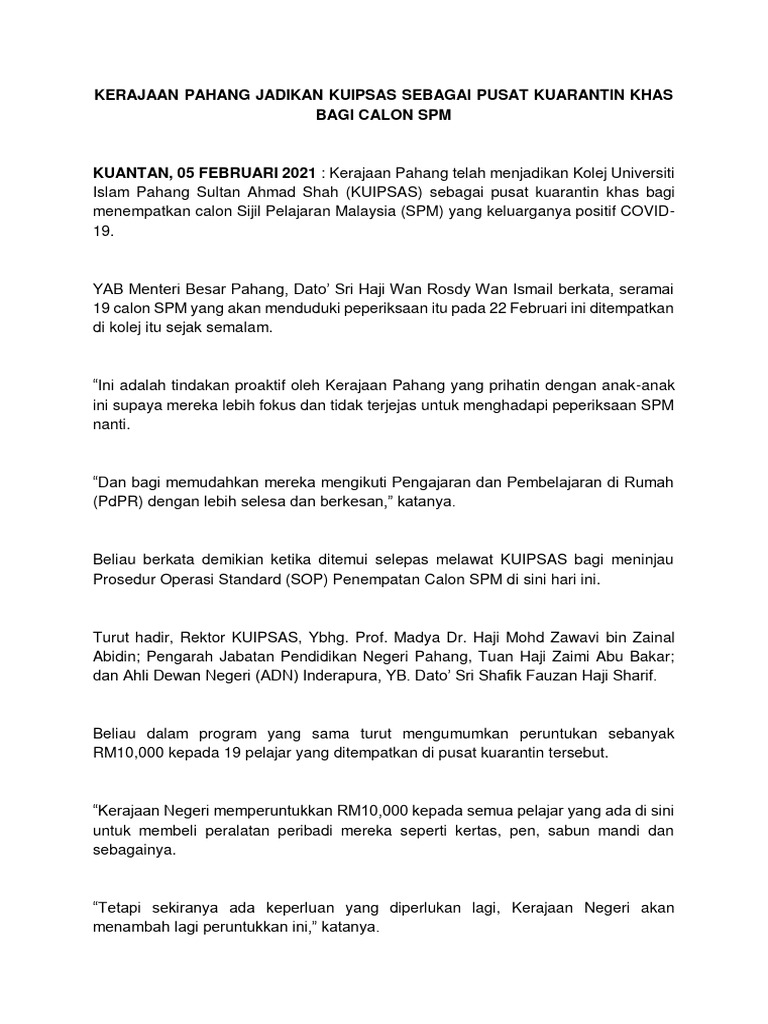 Pusat Kuarantin SPM di KUIPSAS | PDF | Bisnis | Ilmu Sosial