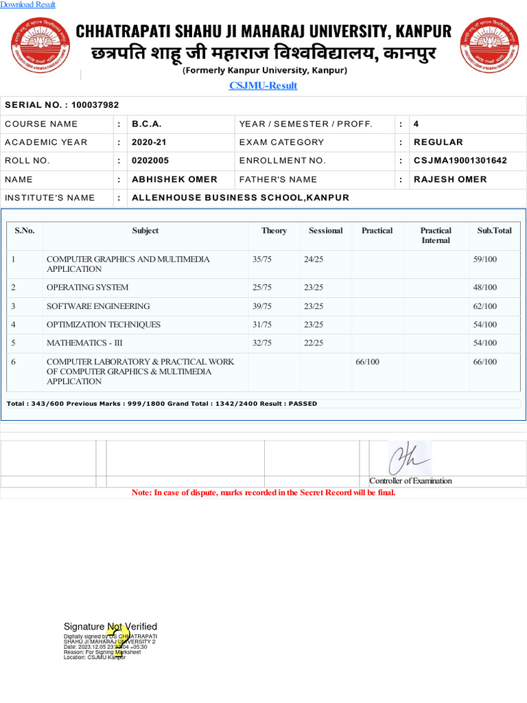 CSJMU BCA 4th Semester Result 2023 | PDF | Computer Science | Computing