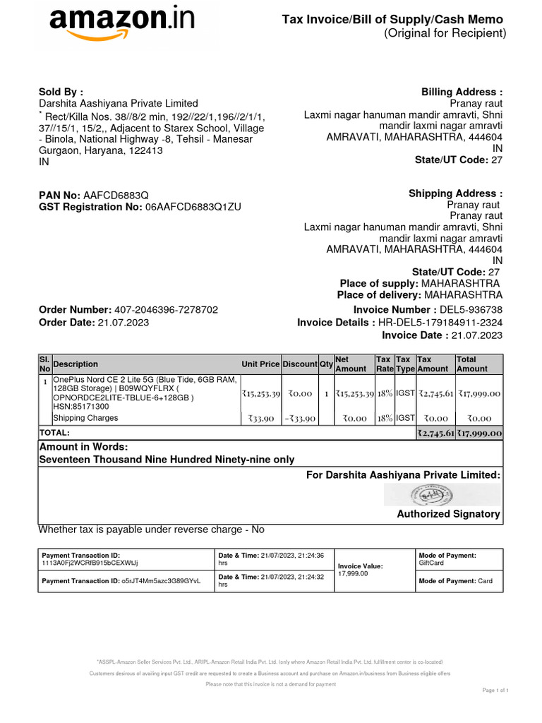 OnePlus Nord CE 2 Lite Invoice | PDF | Invoice | Taxes