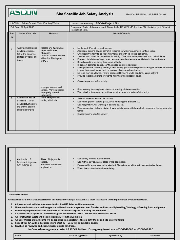JSA - Below Ground Water Prooofing Works R-00 | PDF | Personal ...