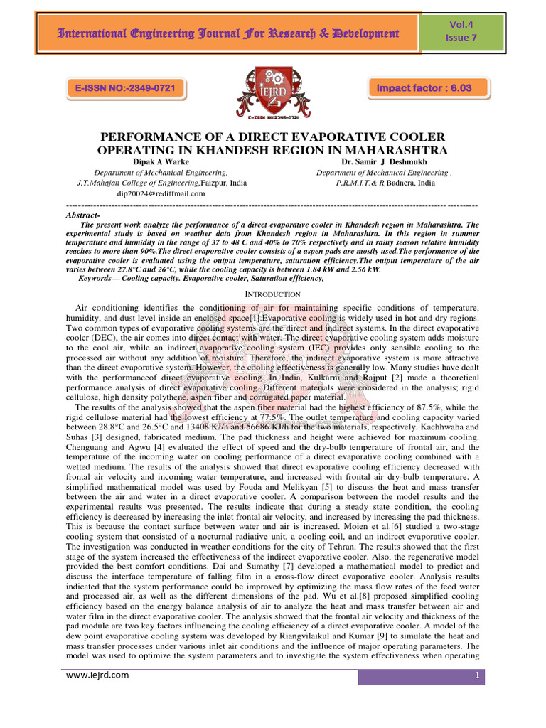A Direct Evaporative Cooler Operating in Maharashtra | PDF | Humidity ...