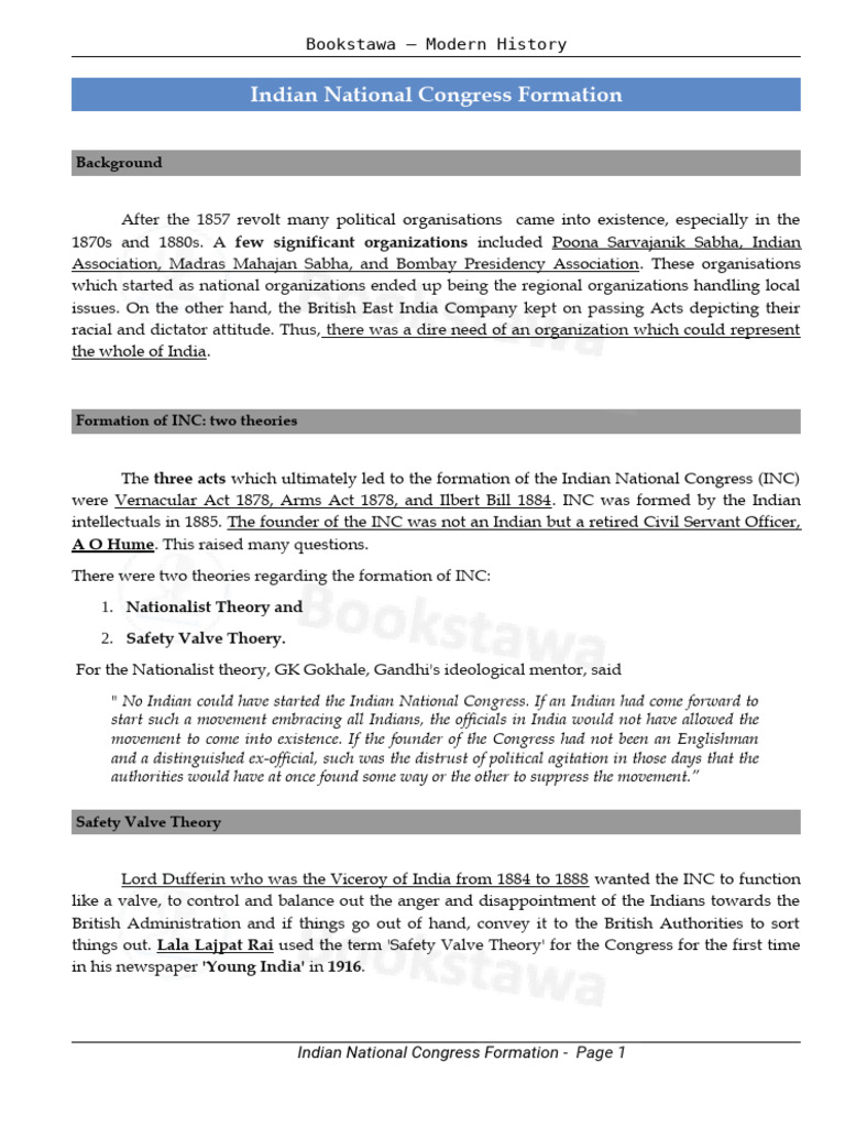 Formation of Indian National Congress 1885 | PDF | Indian National ...
