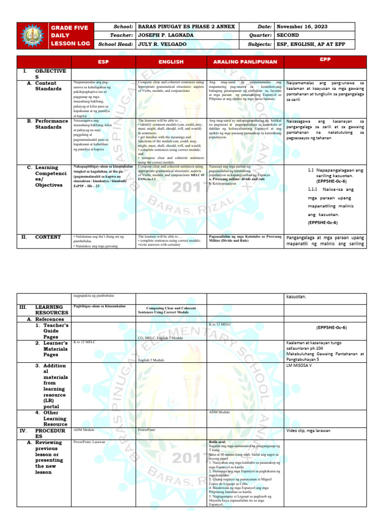 DLL Grade 5 Week 1 Q2 | PDF