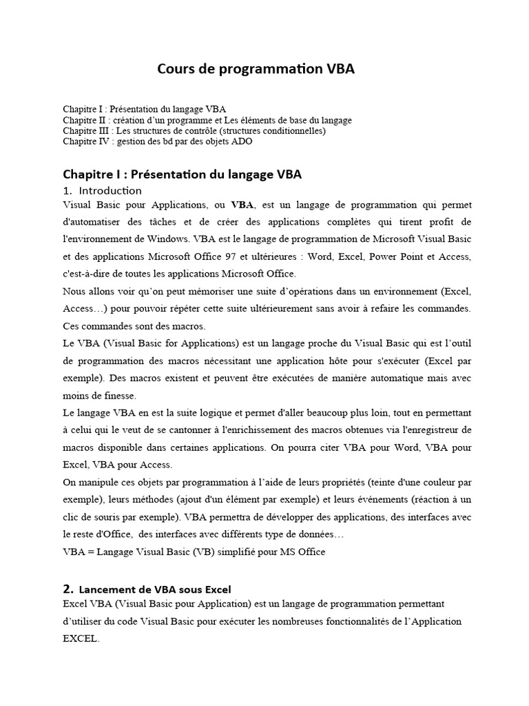 Cours Complet de Programmation VBA | PDF | Visual Basic for ...