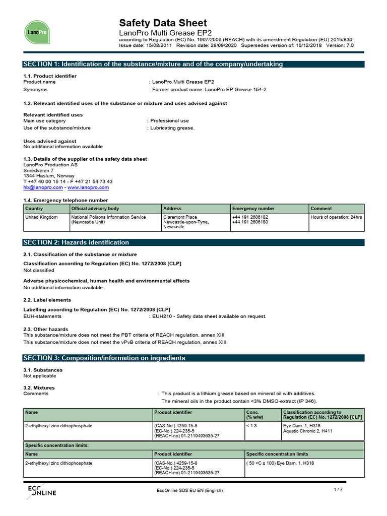 LanoProMultiGreaseEP2MSDS PDF Dangerous Goods Workplace