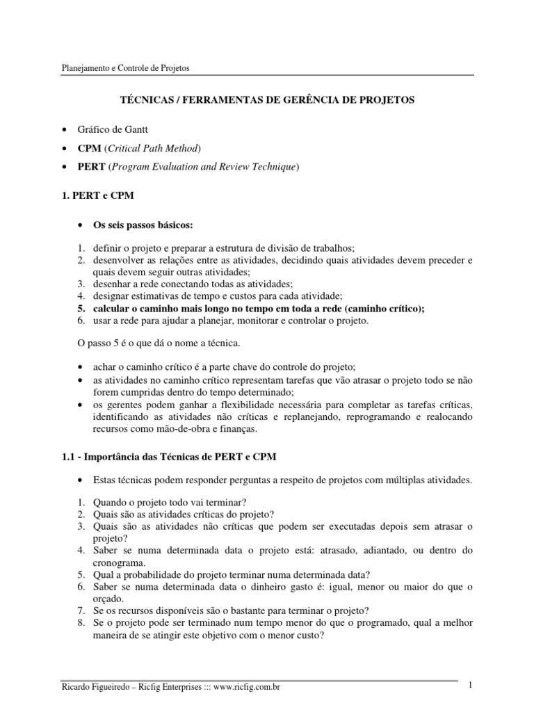 Planejamento e Controle de Projetos utilizando Técnicas de Rede PERT ...