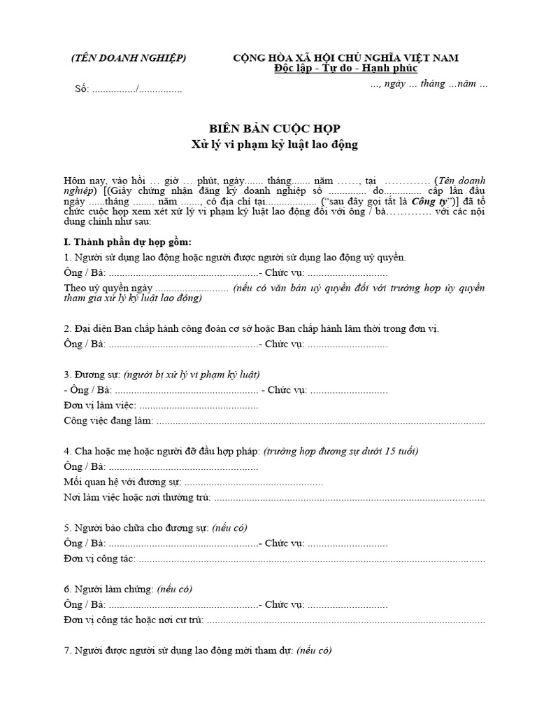 Mẫu Biên bản họp xử lý vi phạm kỷ luật lao động | PDF