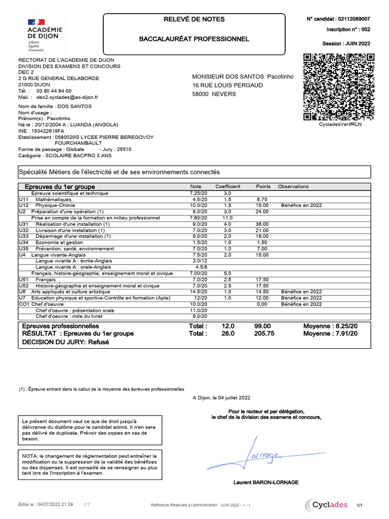 Relevé de notes Bac Pro 2022 | PDF