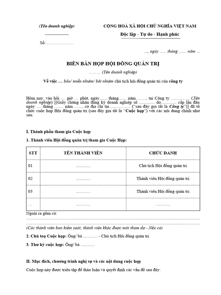 Mẫu Biên bản họp hội đồng quản trị | PDF