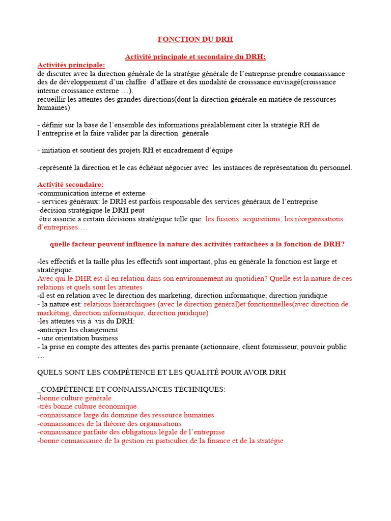 Rôle stratégique du DRH en entreprise | PDF