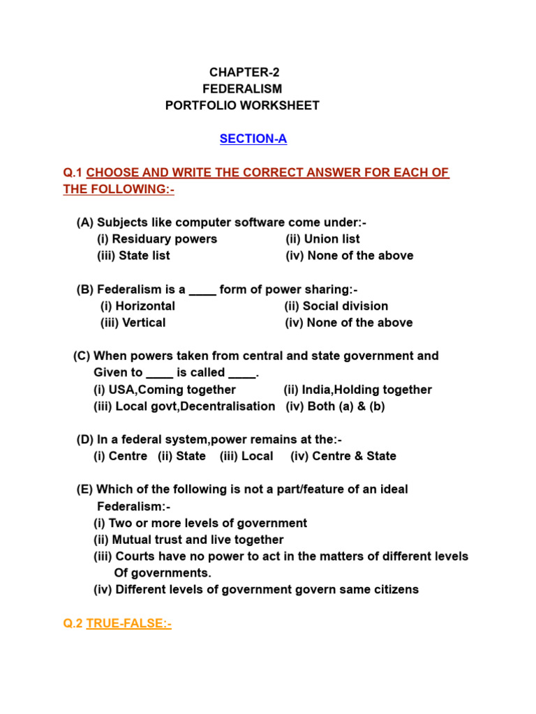 CHAPTER2(FEDERALISM PORTFOLIO WORKSHEET) PDF Government