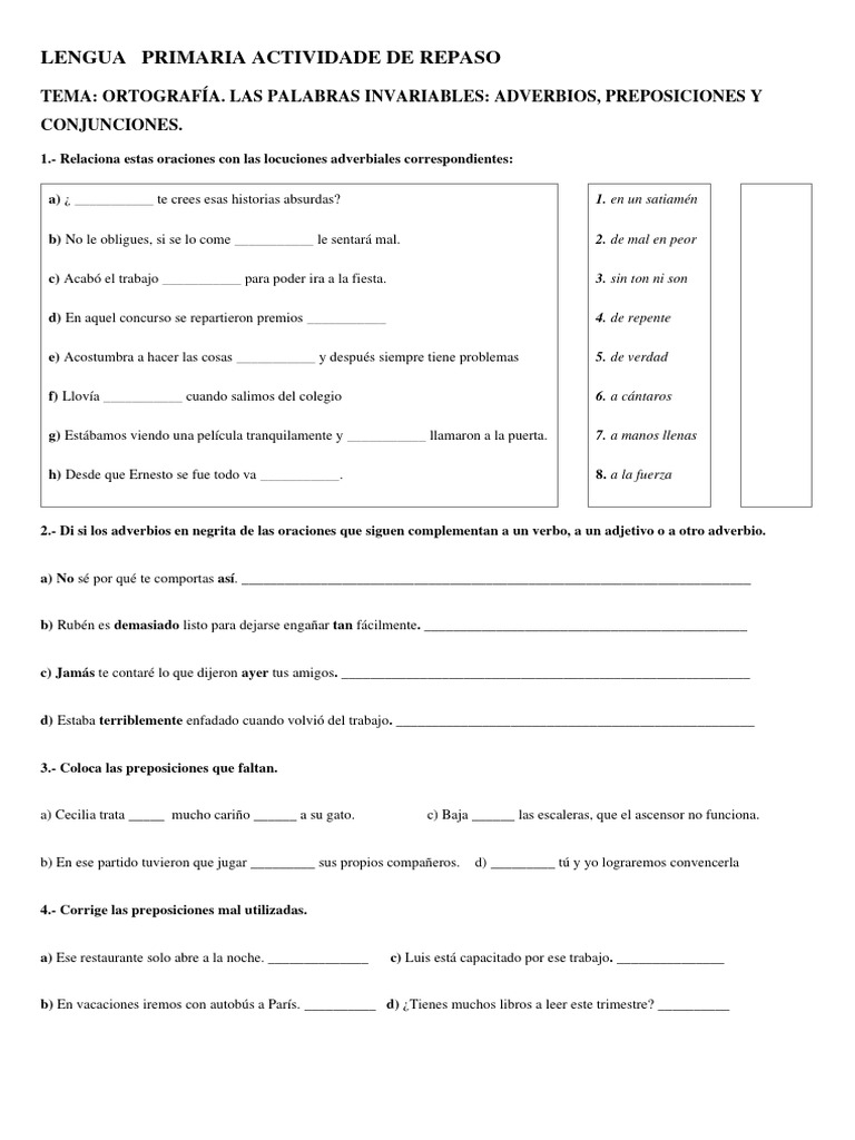 LENGUA PRIMARIA ACTIVIDADEs DE REPASO Ortografía y Las Palabras ...