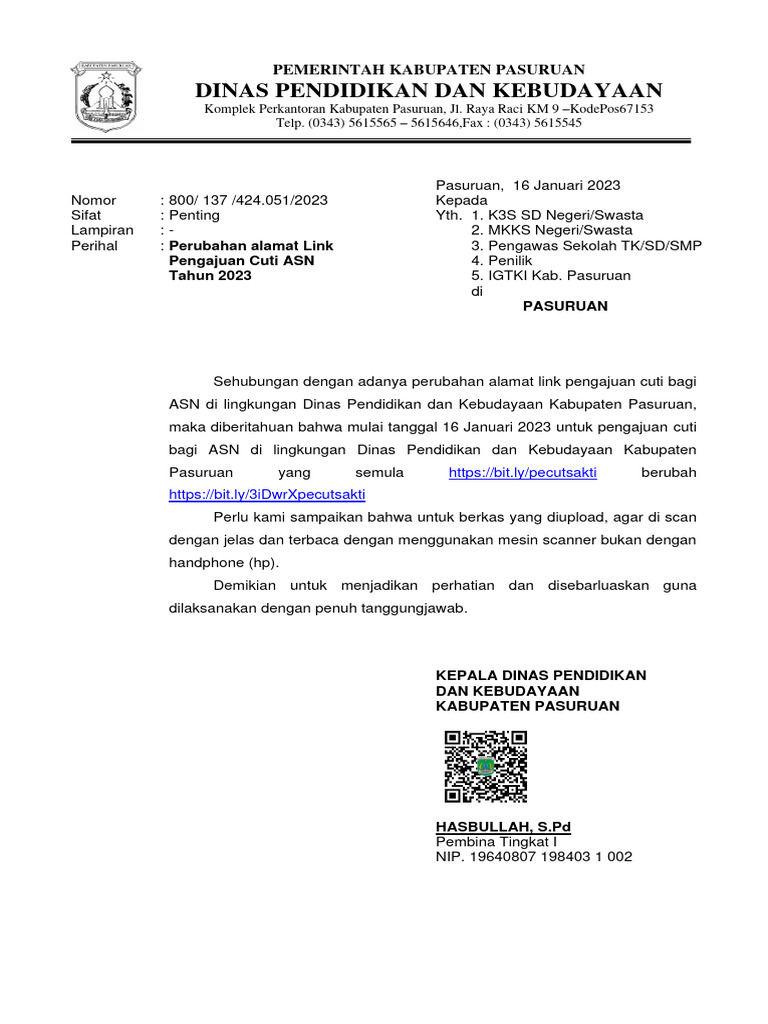 Surat Pemberitahuan Perubahan Link Cuti 2023 1 Pdf