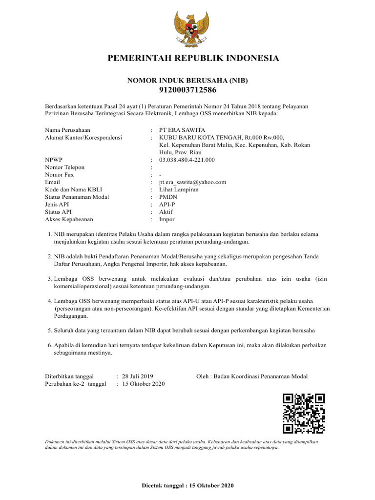 Contoh NIB untuk Usaha di Indonesia | PDF | Bisnis | Hukum