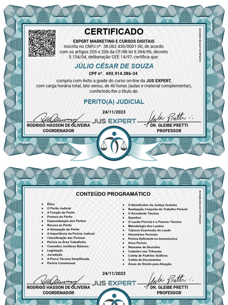 Certificate For Julio Souza - Perito Judicial | PDF | Governo | Judiciários
