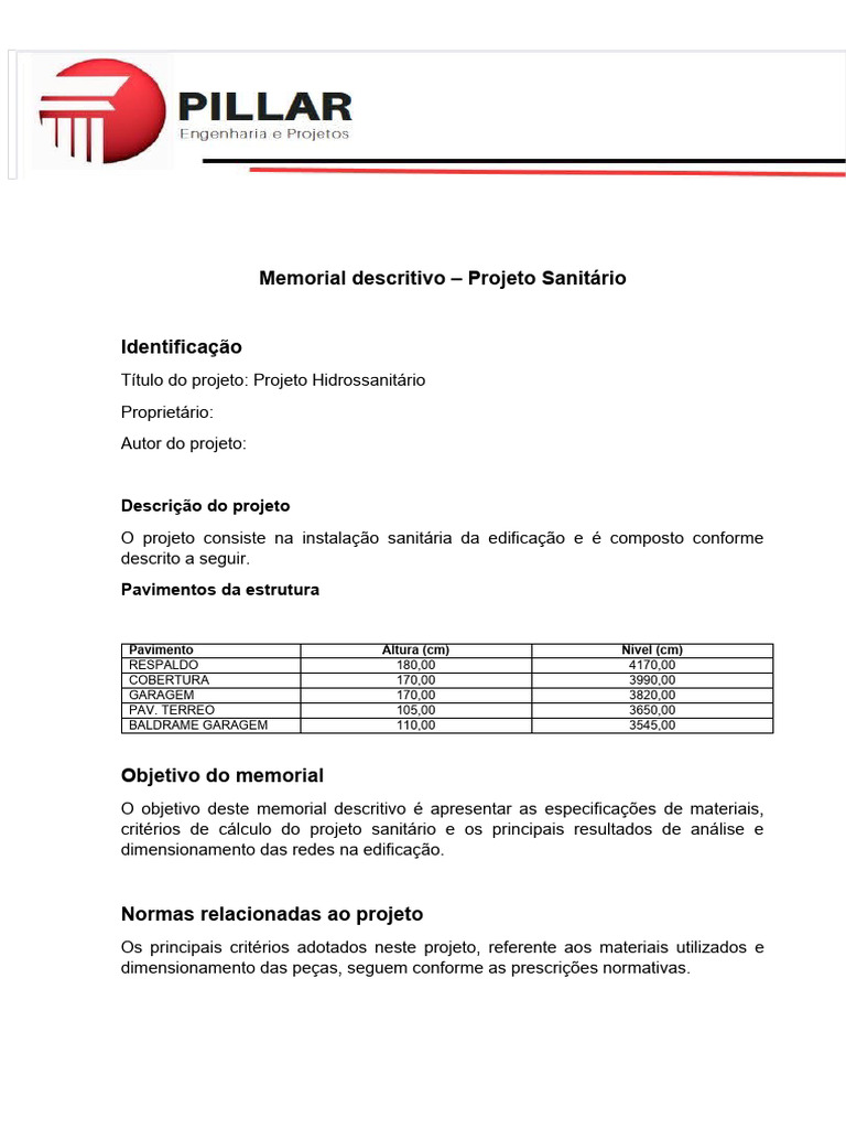 Memorial Descritivo (Sanitário) - Pillar Engenharia | PDF | Cloreto de ...