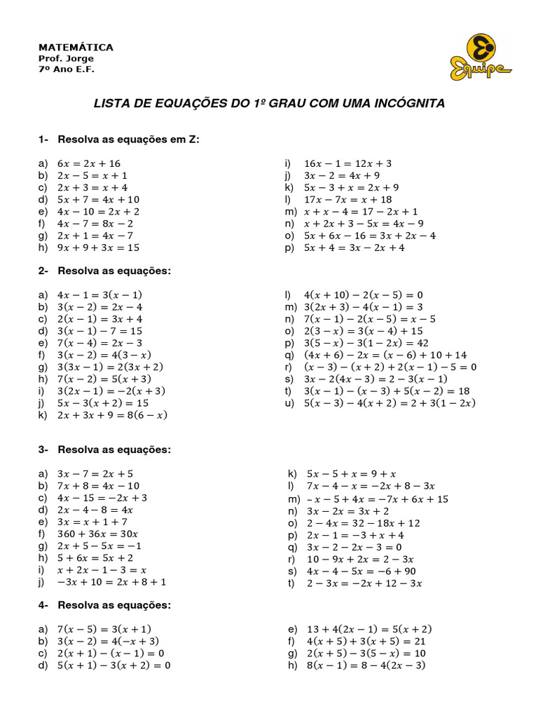 Lista de Equações do 1º Grau | PDF