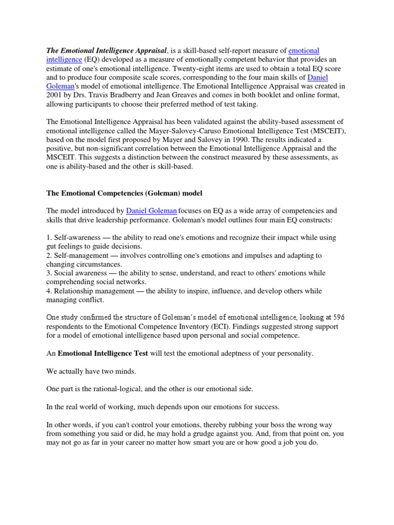 The Emotional Intelligence Appraisal | PDF | Emotional Intelligence ...