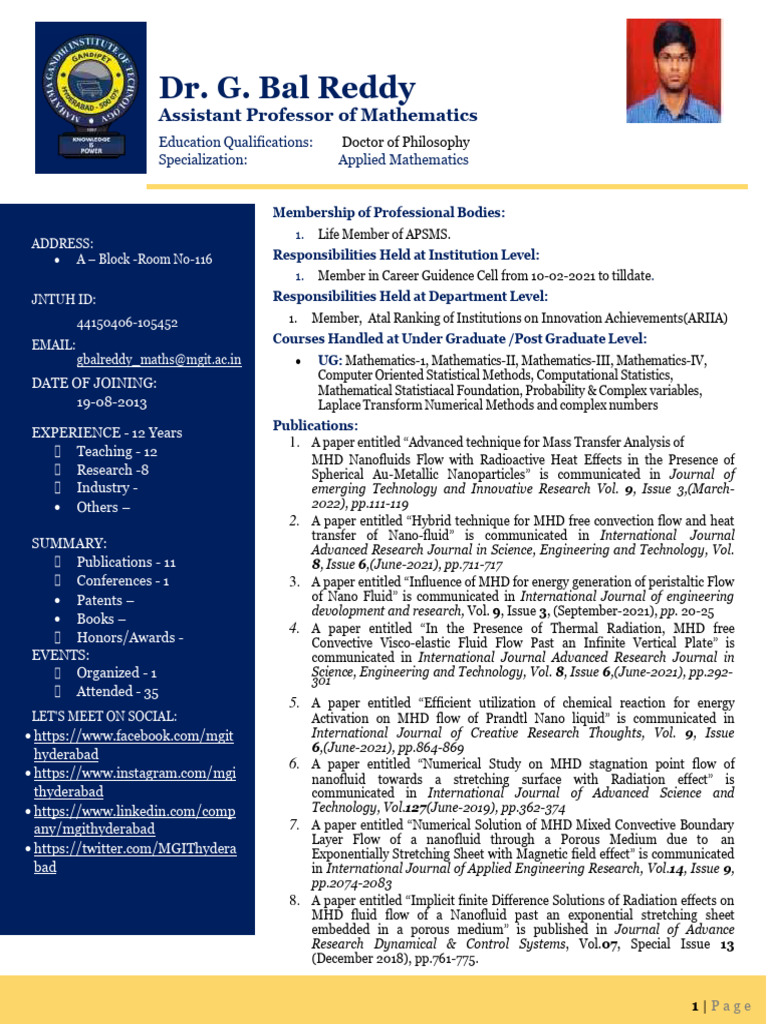 Dr. G BALREDDY STAFF PROFILE | PDF | Convection | Magnetohydrodynamics