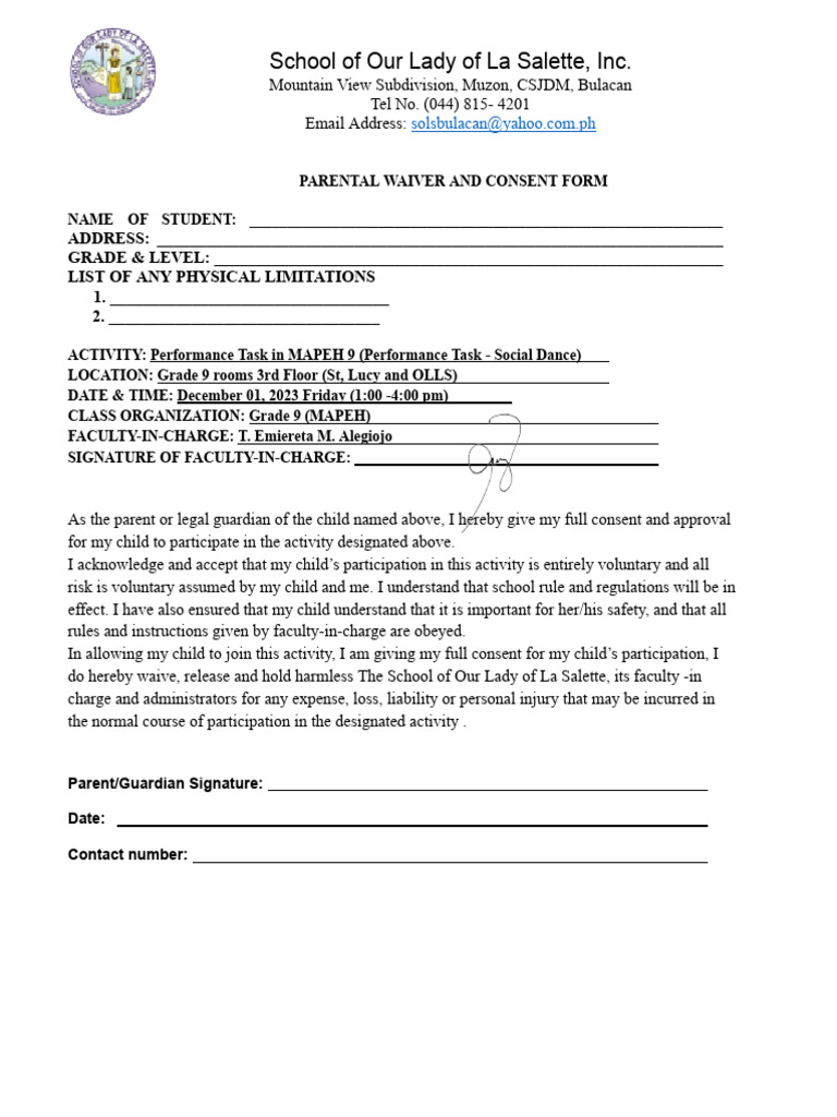 Parental Consent for Dance Event | PDF