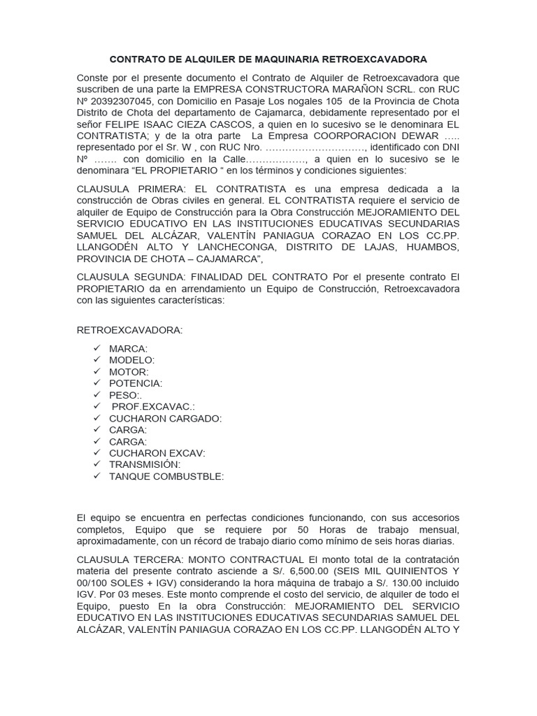 Contrato de Alquiler de Retroexcavadora | PDF