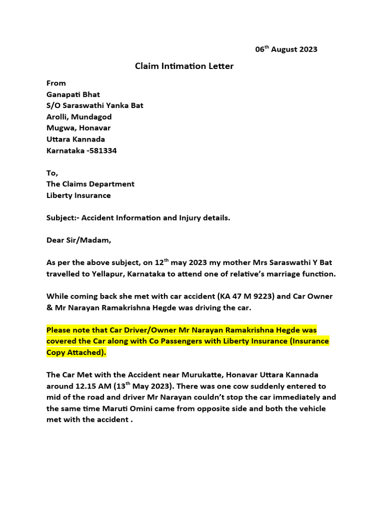 Claim Intimation Saraswathi Bat PDF