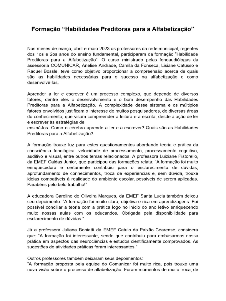 Formação Habilidades Preditoras Para A Alfabetização Pdf