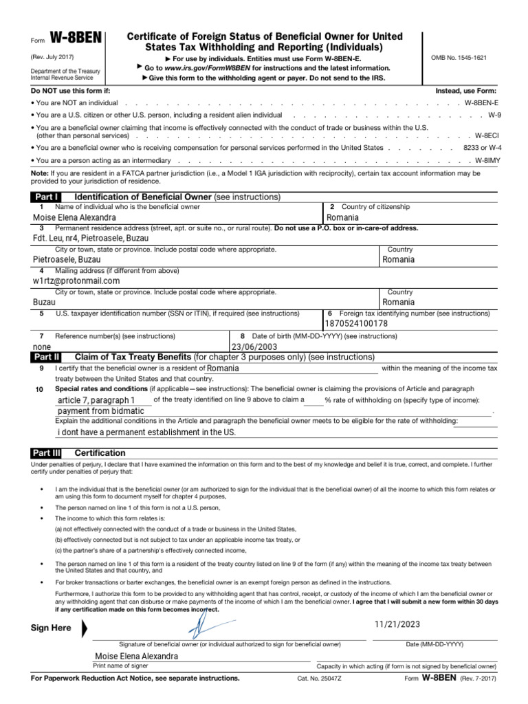 W-8BEN - Certificate of Foreign Status of Beneficial Owner | PDF | Irs ...