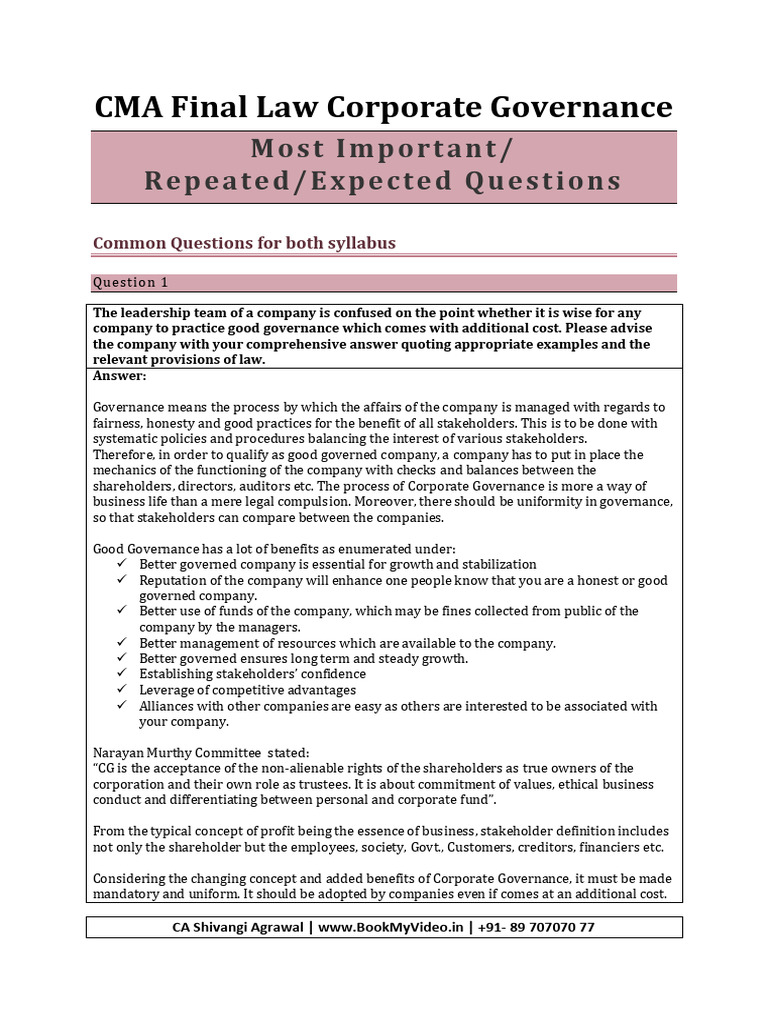 Corporate Governance Imp Questions | PDF | Corporate Social ...