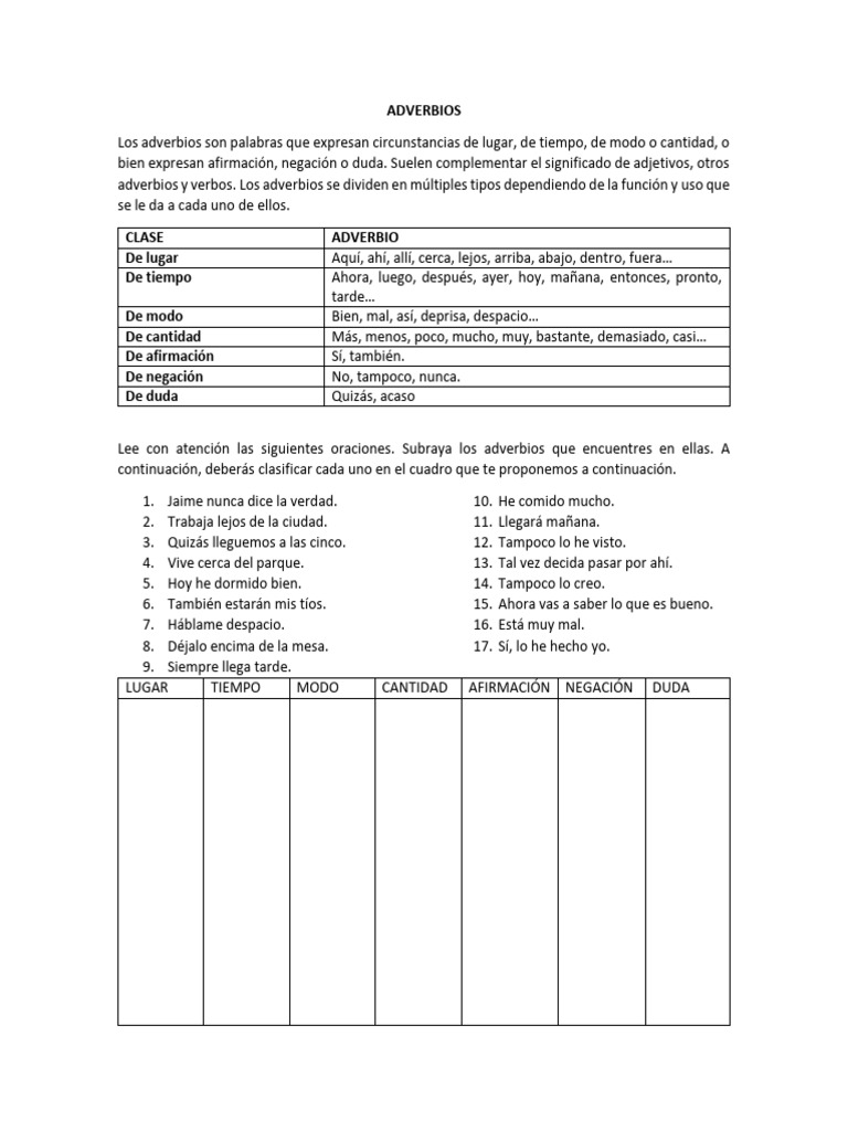 Tipos de Adverbios y Pronombres Personales | PDF | Adverbio | Unidades ...