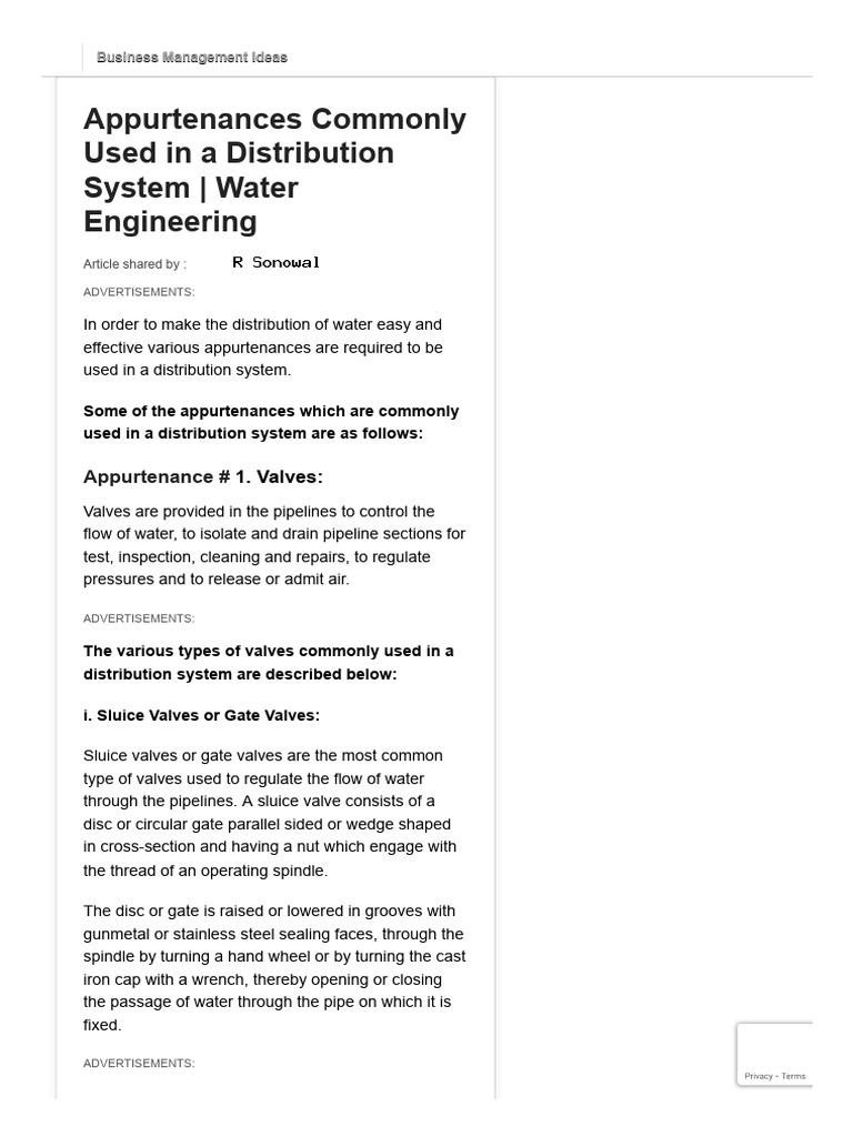Appurtenances Commonly Used in A Distribution System Water