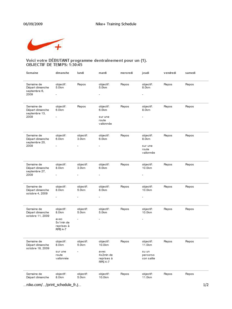 Nike+ Training Schedule PDF