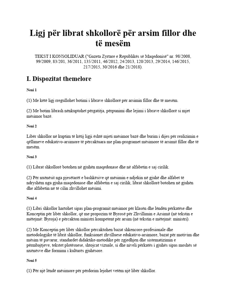 Ligj Per Librat Shkollore Per Arsim Fillor Dhe Te Mesem | PDF