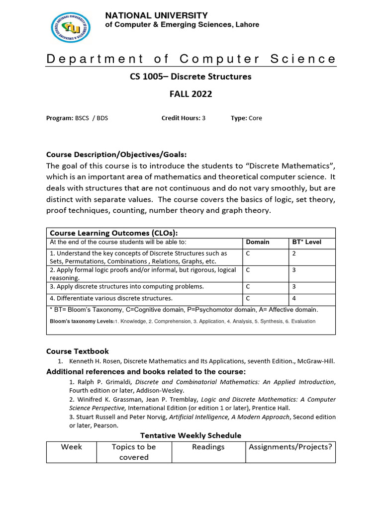 Discrete structures course outline fall 2022 cs pdf discrete