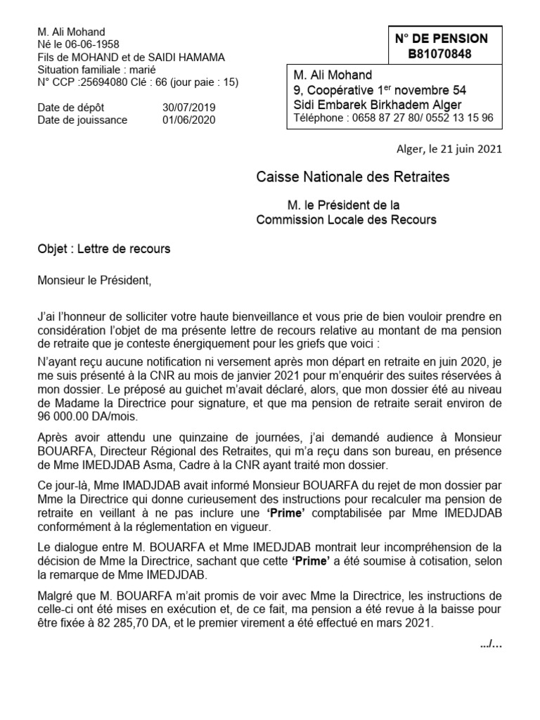 Recours contre le montant de pension CNR | PDF | Salaires | Retraite