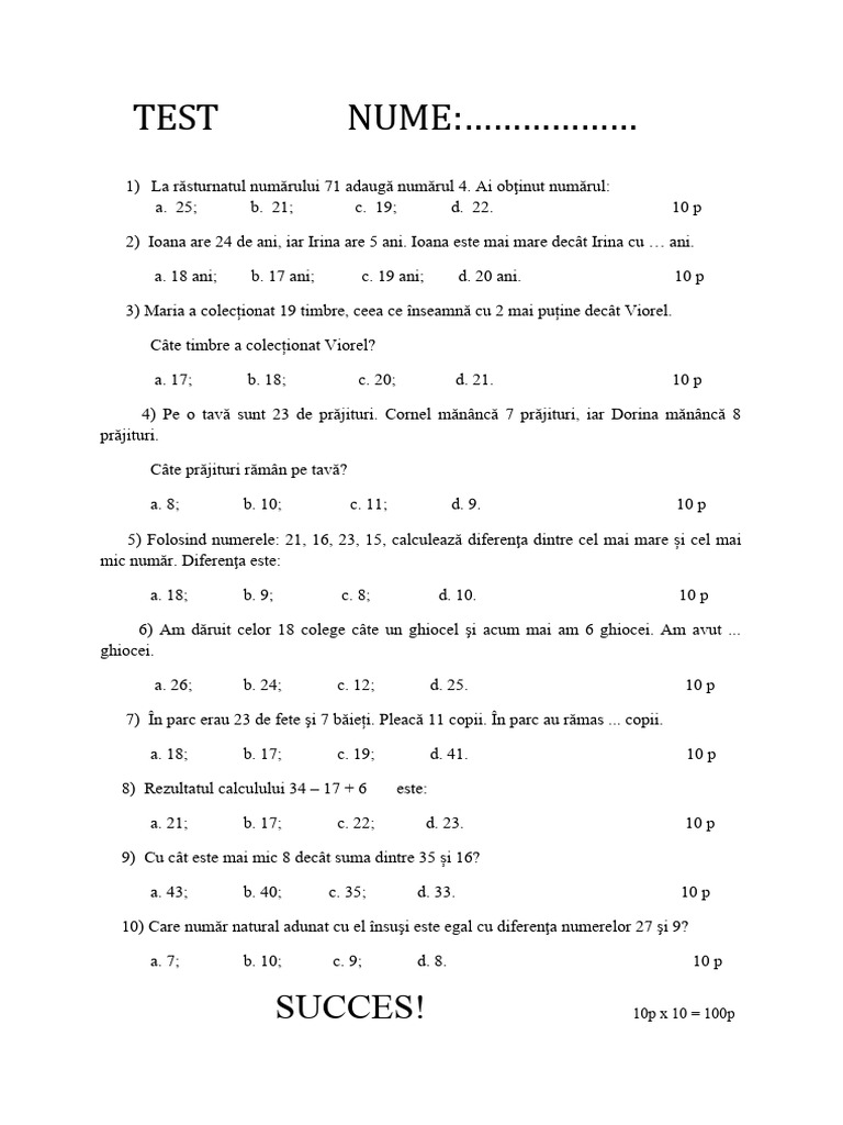 Test de Evaluare Matematica Clasa I | PDF