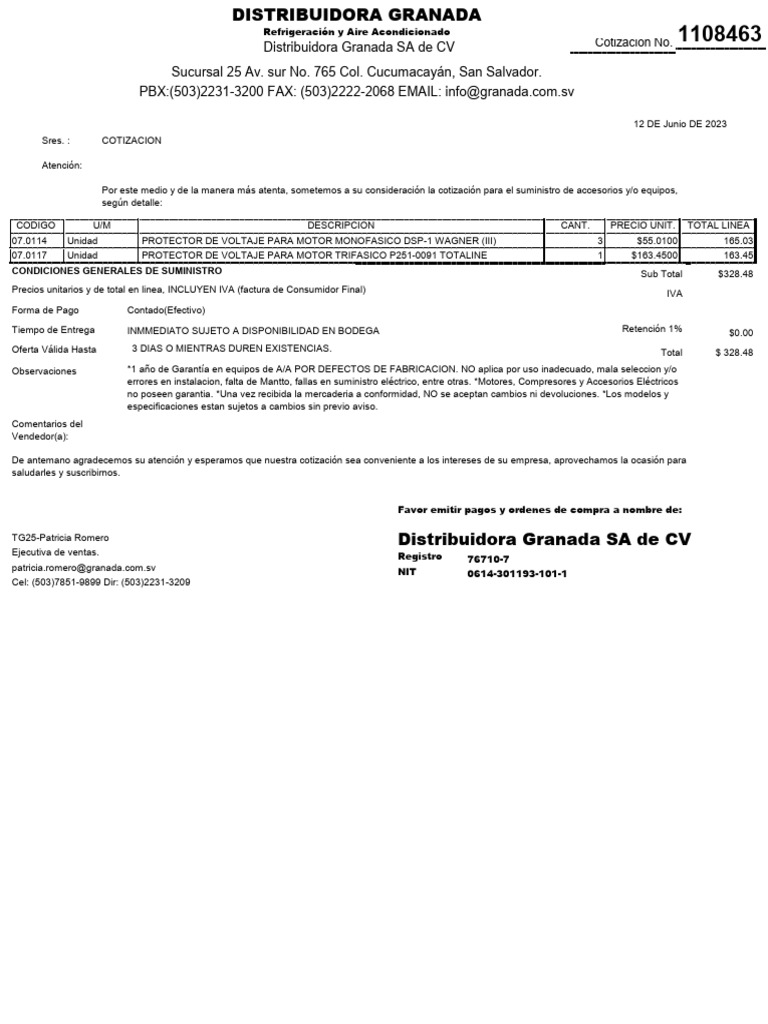 Distribuidora Granada SA de CV Sucursal 25 Av. Sur No. 765 Col