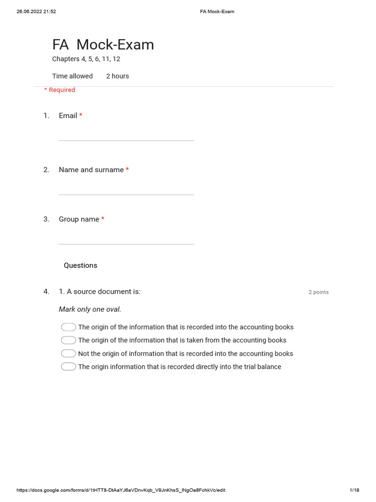 FA Mock-Exam - Google Forms | PDF | Debits And Credits | Bad Debt