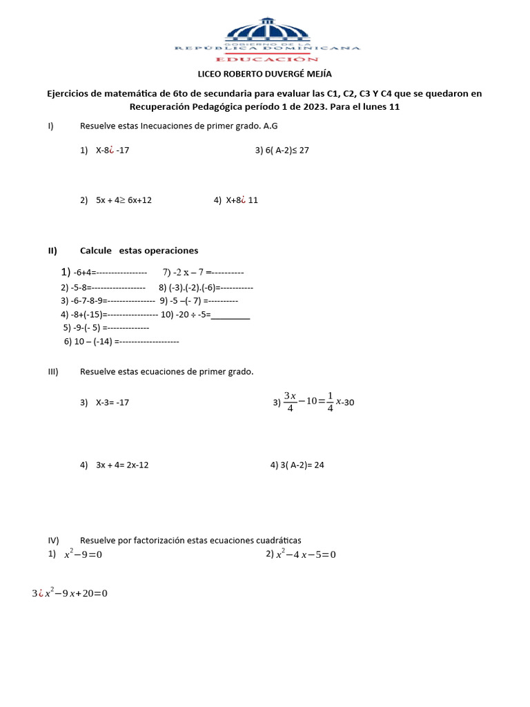 Ejercicios de Recuperacion de Matematicas de 6to de Secundaria LICEO ...