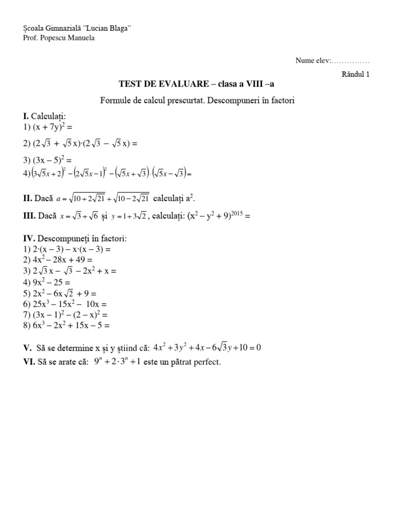 Formule de Calcul Prescurtat Cls Viii Test de Evaluare Formativa | PDF